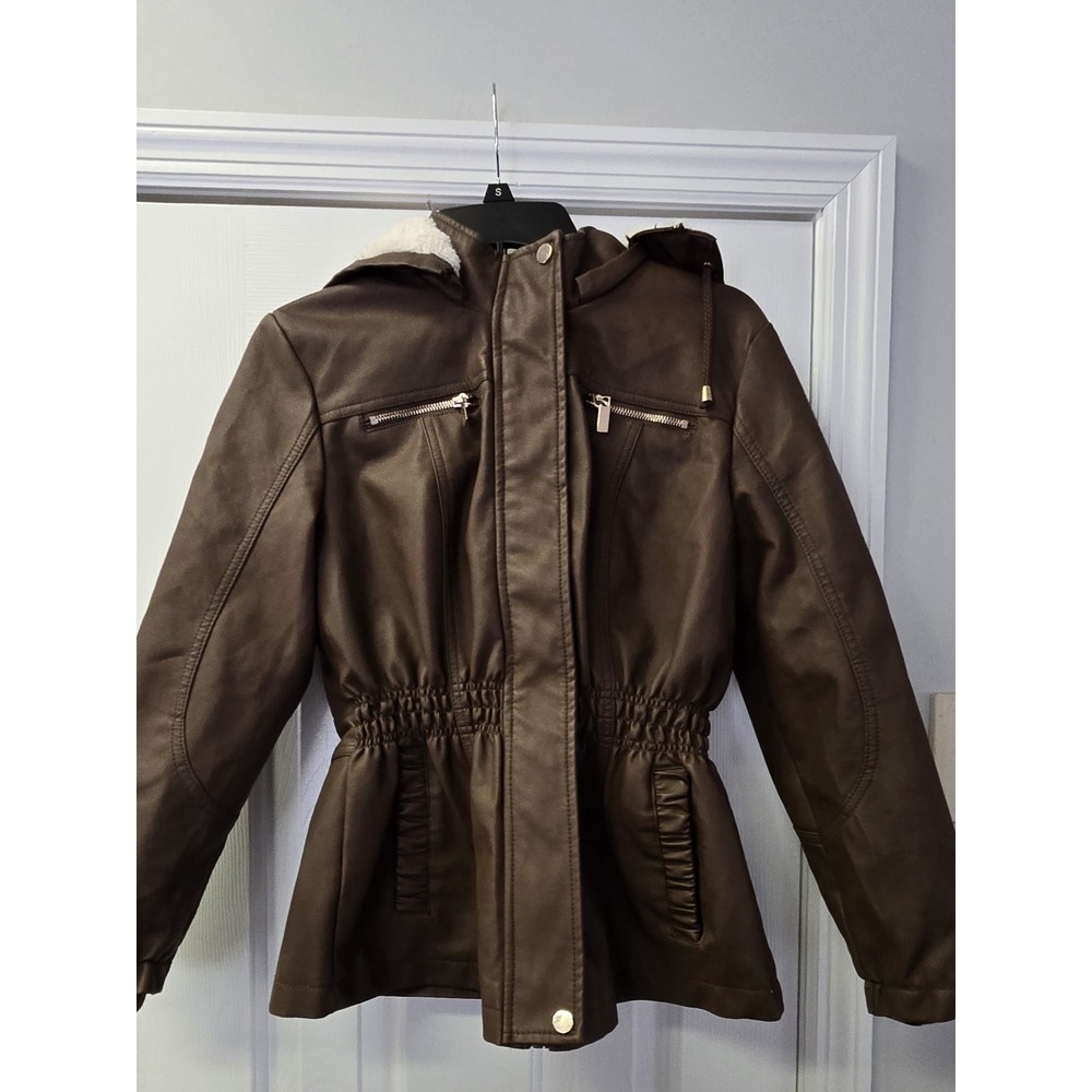 Cavalini Women's Faux Leather Jacket with Faux Fur Lining Petite Large Brown